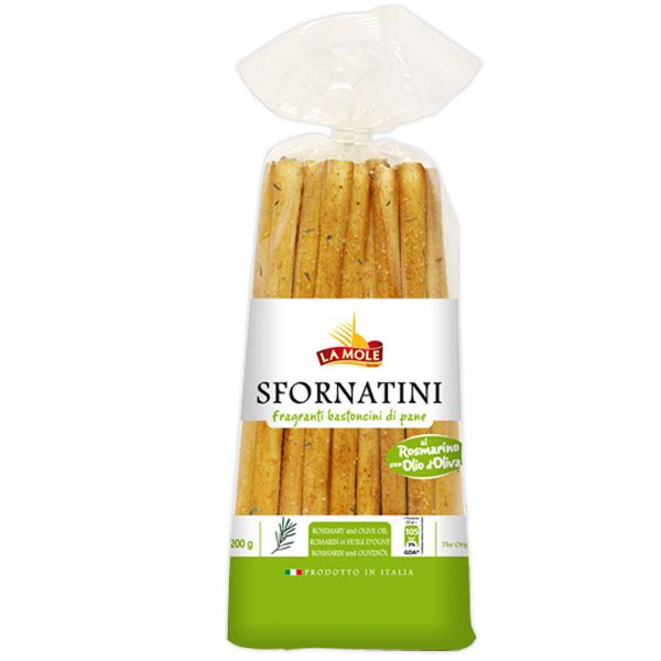 Sfornatini Romarin, 200g - LA MOLE, tarif grossiste import Italie. Recette de gressins de Turin, spécialité apéritive craquante à base de pain au levain. Cacher