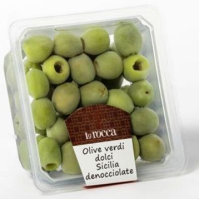 Olives Vertes Douces de Sicile dénoyautées, LA ROCCA. Barquette 150g