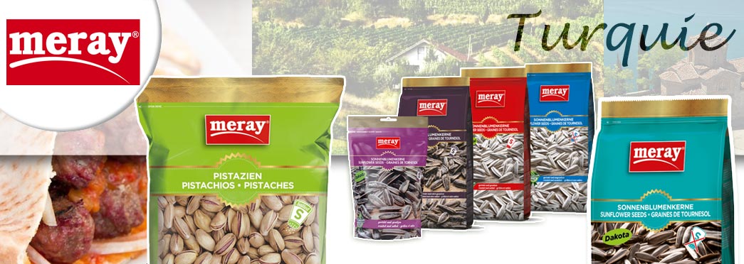 Grossiste importateur marque MERAY: graines de Tournesol et Pistaches Turques en sachet, grillées, salées et non salées
