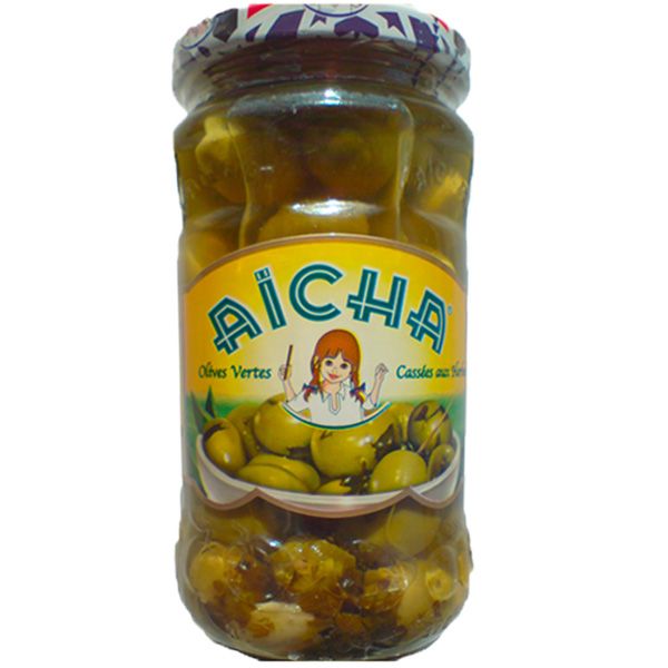 Olives Vertes Cassées Herbes, conserve 37cl - AICHA Maroc - Grossiste en spécialités du Maghreb