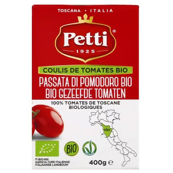 PETTI Coulis de Tomates de Toscane 100% Bio en brick 400g. Grossiste France, sélection des meilleurs conserves en Tomates de Toscane. Fournisseur épicerie supermarché