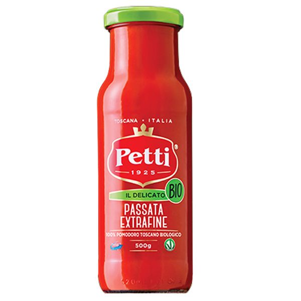 PETTI 'il Delicato'. Tomate passée extra-fine bio en bocal verre. 100% Tomate Toscane. Commande en gros, tarif professionnel alimentation et épicerie casher