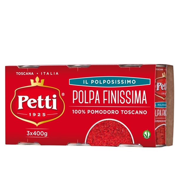 PETTI Pulpe très fine 100% Tomates de Toscane en boîte. Lot de 3x400g. Vente en gros. Fournisseur grossiste des meilleures marques de tomate en boîte